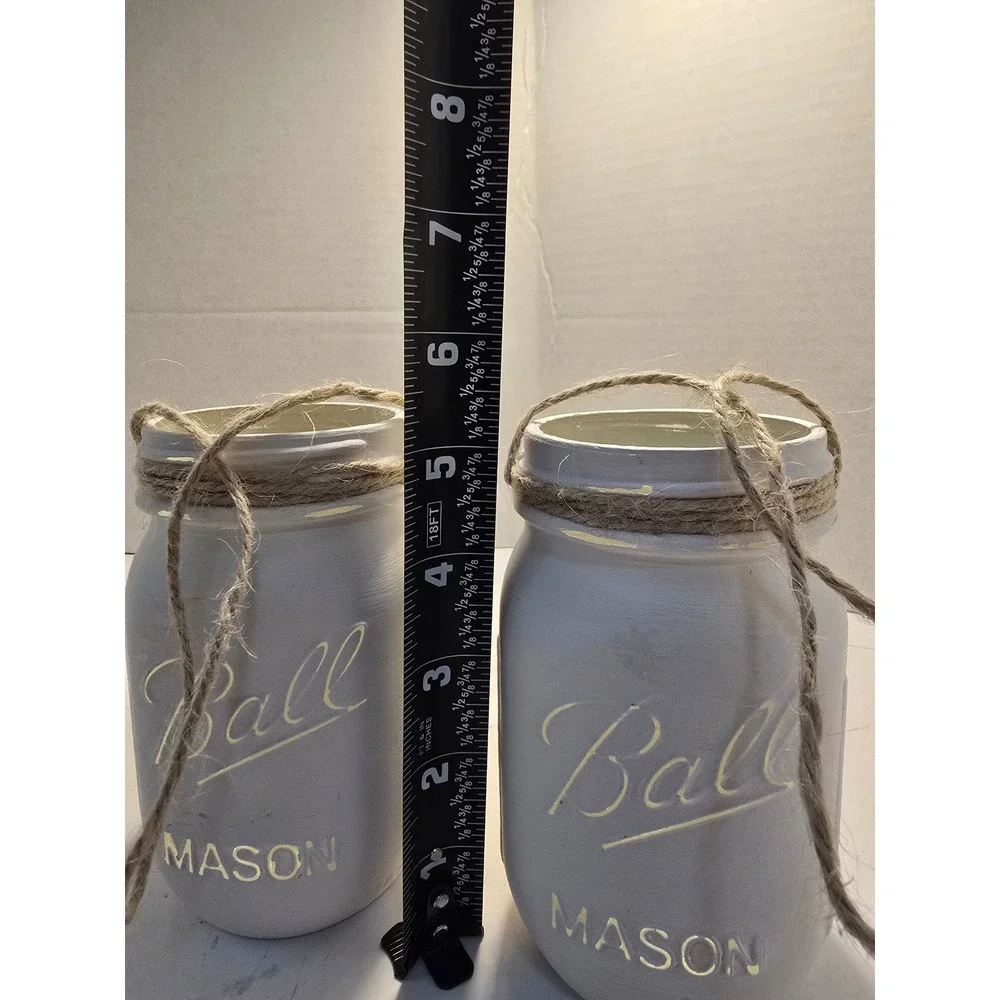 Ball Mason Jars Set of 2 White chalk Painted Distressed Rustic‎ Hanging Decor
